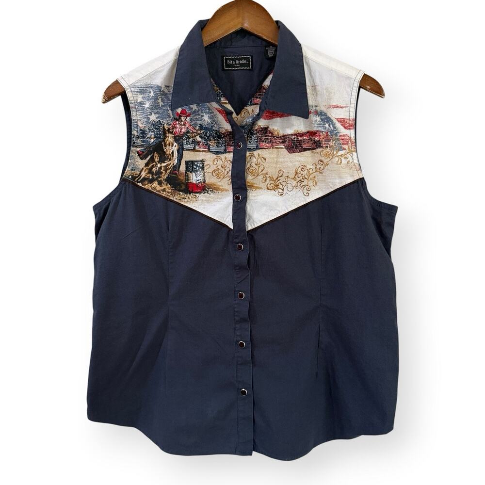 Bit & Bridle Navy Sleeveless Pearl Snap Top Shirt XL Barrel Racing Rodeo Western